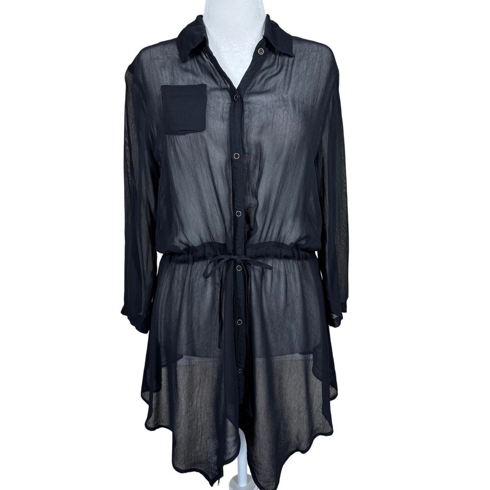 XCVI Snap Button Oversized Sheer Tunic Top Women's Small Black Drawstring Waist